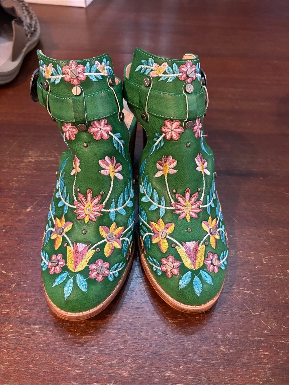 Embroidered Green Floral Ankle Boots - Women